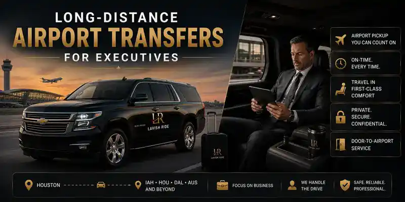 Chevrolet Suburban executive airport transfer service featuring a business traveler using a tablet during luxury chauffeur transportation, highlighting private long-distance airport transfers, punctuality, comfort, confidentiality, and Lavish Ride branding.